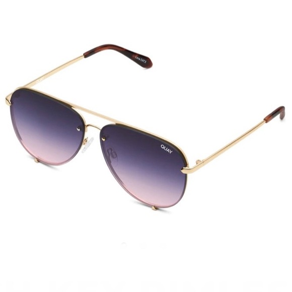 QUAY High Key Sunglasses Gold Rimless Frame Pink Navy Lens Aviators - Picture 3 of 6